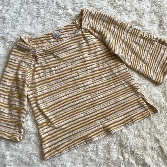 Anthropologie Postmark Blouse Flare Sleeve Textured Stripe Yellow & White M - Picture 2 of 14